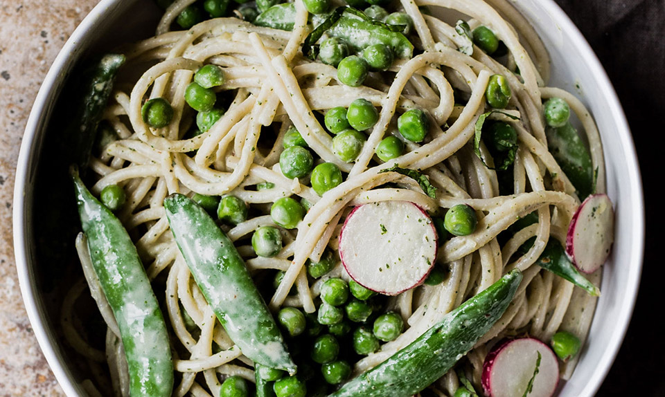 Spring Pea Spaghetti with Herbed Tahini Sauce