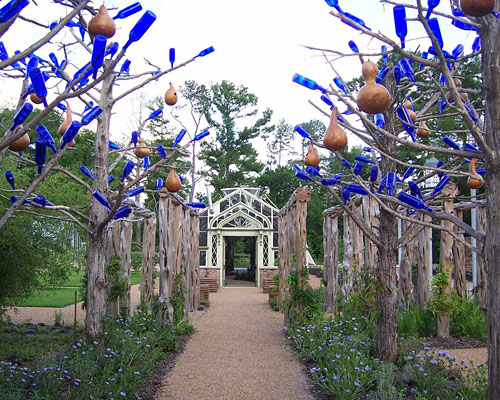 Blue bottles on tree branches along a pathway